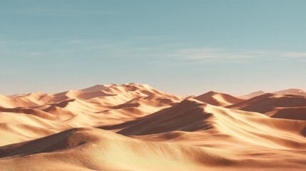 Naklejka premium Soft Desert Dunes Stretch Under a Large Sky During Daytime With Warm Tones and Features of the Landscape Visible in the Distance