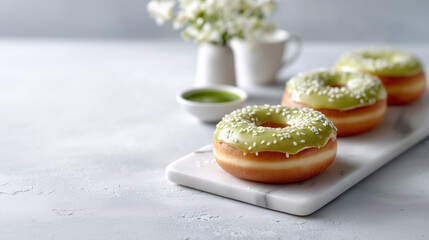 Green Glazed Doughnuts: A trio of delectable, vibrant green-glazed doughnuts beckon with their enticing sweetness, beautifully arranged on a minimalist marble slab.