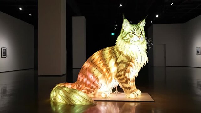 Illuminated Cat Sculpture with Pulsing Colors in Art Installation 4K