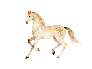 Golden Horse of the Sun: An elegant, watercolor-style illustration of a majestic horse adorned with celestial motifs, embodies grace and strength against a clean background.