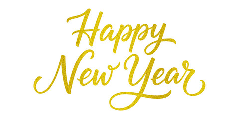 Happy New Year Greeting Card Lettering in Golden Glitter Style perfect for greeting cards, holiday invitations, celebration banners, social media posts