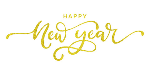 Happy New Year Lettering in Golden Glitter Style perfect for greeting cards, holiday invitations, celebration banners, social media posts