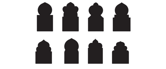 Fototapeta premium A collection of eight black silhouettes depicting ornate pointed archways and architectural elements against a white background