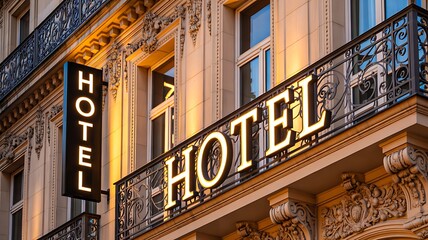 Obraz premium Illuminated hotel sign on elegant historic building facade at night 