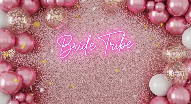 Bride tribe neon sign on a sparkling pink glitter background with balloons