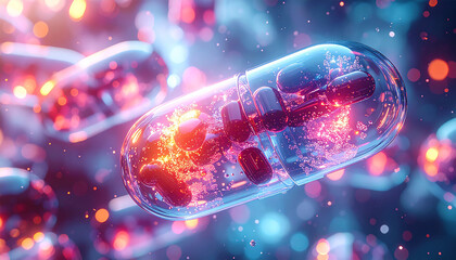 Pill in a micro world: A dynamic visual depicting the inner workings of a capsule, highlighting health, pharmaceutical, scientific study.