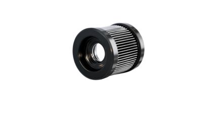 Air oil filter resting on glossy reflective white surface isolated on a Transparent background, PNG file.