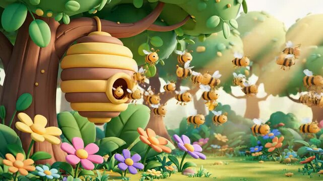 Cartoon Beehive with Cute Bees Peeking Out, Hanging from a Tree in a Lush Forest
