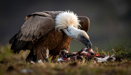 Large vulture with beige plumage feasts on animal carcass in a grassy field, bokeh background