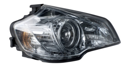 Automotive aftermarket headlight with smoked lens design isolated on a Transparent background, PNG file.