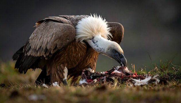 Large vulture with beige plumage feasts on animal carcass in a grassy field, bokeh background