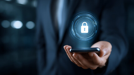 Person holding phone displaying digital security lock image
