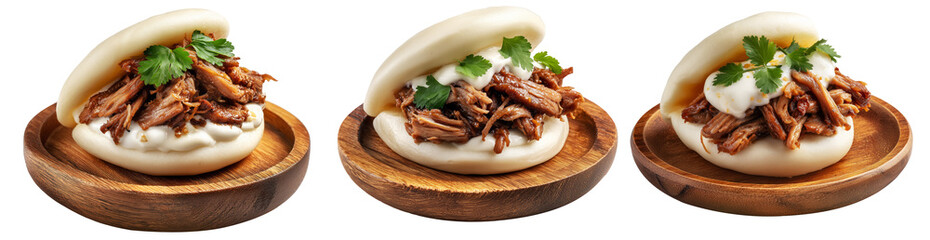 Fototapeta premium Set of Polynesian steamed bao bun filled with shredded pork, creamy sauce, and cilantro, on white background, Polynesian Snacks