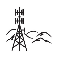Stylized depiction of a communication tower against a mountainous landscape