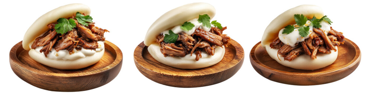 Set of Polynesian steamed bao bun filled with shredded pork, creamy sauce, and cilantro, on white background, Polynesian Snacks