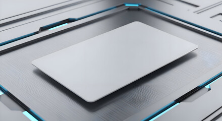 Abstract close up of a blank white rectangular card or chip resting on a textured metallic surface with futuristic blue glowing accents and geometric patterns