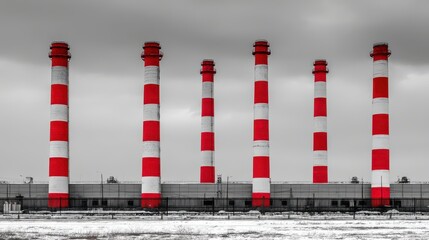 Industrial Landscape with Red and White Smokestacks Against Grey Sky