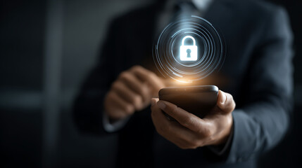 Person holding smartphone with glowing digital lock symbol image