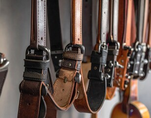 Leather guitar straps hang vertically, showcasing various textures, tones, and hardware details against a blurred backdrop