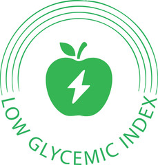 Green apple with lightning bolt icon and Low Glycemic Index text representing healthy food and energy perfect for nutrition labels and health apps