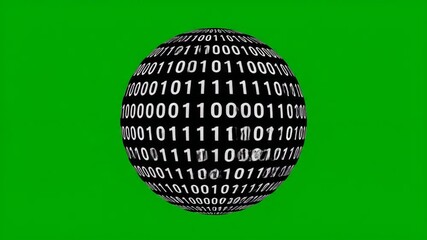 A 3D rendered digital sphere displaying binary code patterns, A textured sphere with binary data projected onto its surface against a chroma key background - Powered by Adobe