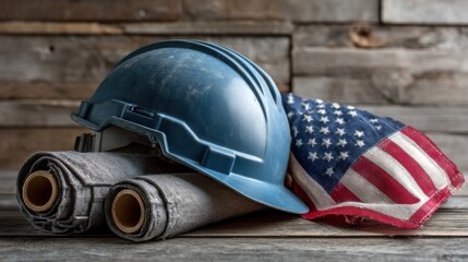 Blue Hard Hat and American Flag on Rustic Wooden Surface