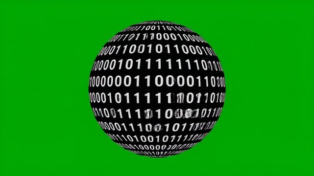 A 3D rendered digital sphere displaying binary code patterns, A textured sphere with binary data projected onto its surface against a chroma key background