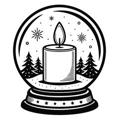 Winter Candle Snow Globe Illustration – Christmas Candle with Pine Trees Black and White Icon