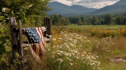 American Flag Draped Over Fence in Scenic Rural Landscape with Mountains