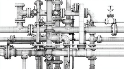 Complex Network of Industrial Pipes and Valves in Detailed Wireframe Design
