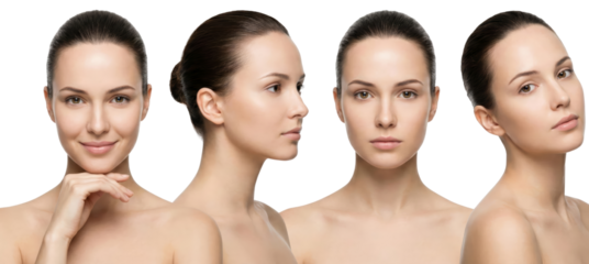 Elegant female portrait showing different angles and expressions isolated on transparent background