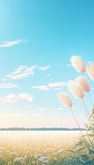 Obraz premium Expansive Golden Wheat Field Under a Bright Blue Sky with Fluffy White Clouds and Rural Charm