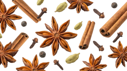 Exquisite arrangement of aromatic spices and herbs on isolated transparent background