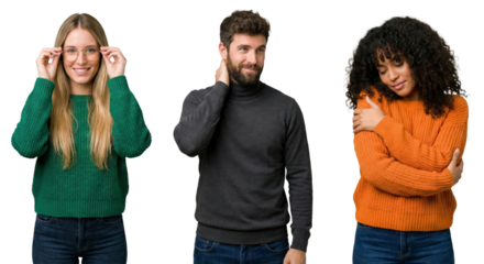 diverse group of three young adults with casual clothing posing isolated on transparent background