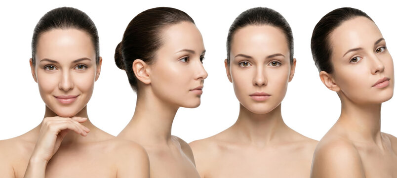 Elegant female portrait showing different angles and expressions isolated on transparent background