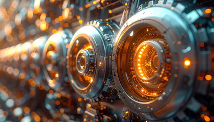 Technological Core: A detailed shot of an intricate machine component, exuding futuristic and tech themes. Capturing the essence of innovation and progress. 