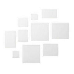 Abstract composition of various sized white rectangles and squares arranged on a black surface transparent background
