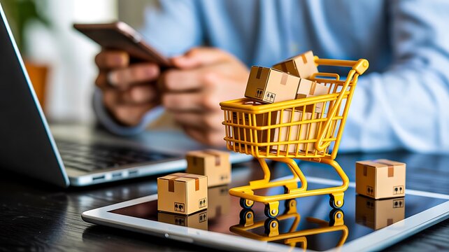 Online shopping concept with shopping cart and packages on laptop, ecommerce delivery and retail business
