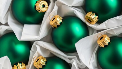 Christmas ornament set with rich emerald green baubles nestled in a box lined with white tissue paper for festive decor. Banner layout ideal for Christmas celebrations and New Year party themes.
