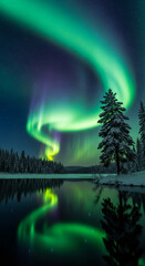 Scenic view of a green aurora borealis over a winter lake with snow-covered trees, representing natural wonder and exploration, suitable for travel concepts
