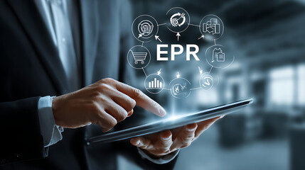 Person interacting with enterprise resource planning system interface business tablet