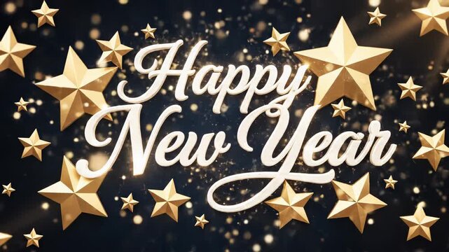 Elegant 3d golden stars and bokeh lights surround a white cursive text saying happy new year on a dark background