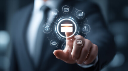 Fototapeta premium Person interacting with financial technology interface business finance