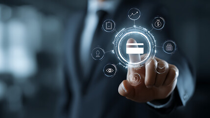 Person interacting with financial technology interface business finance