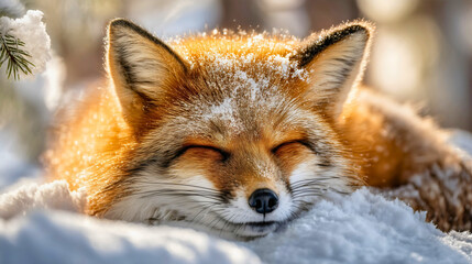 A sleeping red fox curled up in the snow during winter, a close-up wild animal portrait with frost on fur, a peaceful nature scene, a cute wildlife hibernation concept.