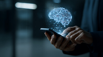 Person interacting with glowing digital brain hologram on smartphone technology artificial intelligence