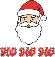 Vector illustration of a smiling cartoon Santa Claus face with a white beard and red hat, accompanied by the festive text 