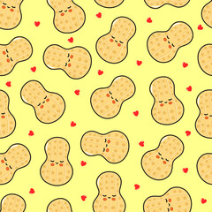 Cute cartoon peanuts seamless pattern with hearts