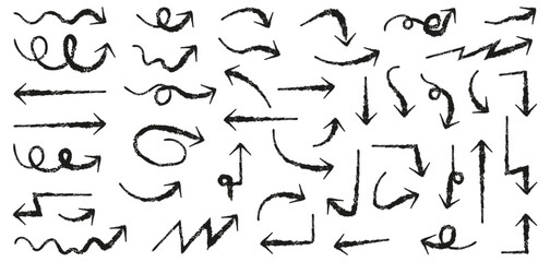 Hand drawn arrow collection with textured rough strokes. Each arrow shows different curves, loops and directions