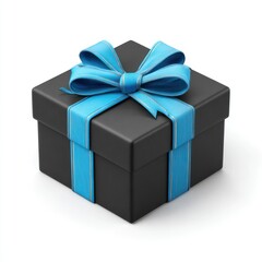 Fototapeta premium A dark gift box with a bright blue ribbon and bow is isolated on a white background.